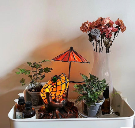Frog Umbrella Tiffany Table Lamp, Home Decor, Handmade Antique Lighting, Animal Tiffany lamp, Garden Decor
