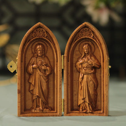 Sacred Heart of Jesus and Immaculate Heart of Mary Catholic Diptych Wood Art Religious Gift for Home Altar Prayer Room Christian Decor