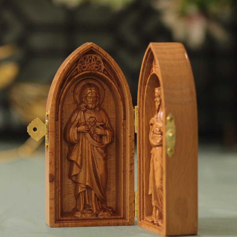Sacred Heart of Jesus and Immaculate Heart of Mary Catholic Diptych Wood Art Religious Gift for Home Altar Prayer Room Christian Decor